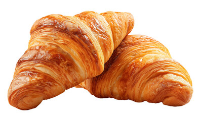 Two croissants with beautiful flaky texture isolated on transparent background