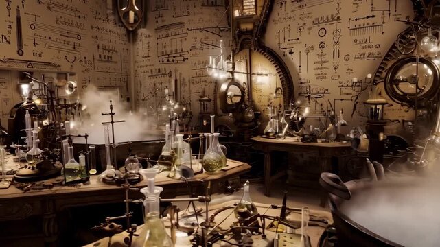 Steampunk-style alchemical laboratory with intricate glass beakers, gears, and pipes, concept of science and innovation blending with vintage technology in fantasy-driven environment.