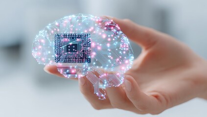A hand gently cradles a transparent, illuminated brain overlaid with a microchip