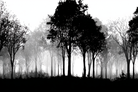 Silhouette of trees in a forest black and white landscape with fog creating a moody and atmospheric scene