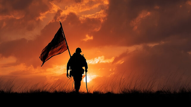 Silhouette of a soldier carrying a flag at sunset, a tribute to service and sacrifice