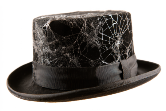 Black top hat covered in spiderwebs a spooky Halloween decoration isolated on white