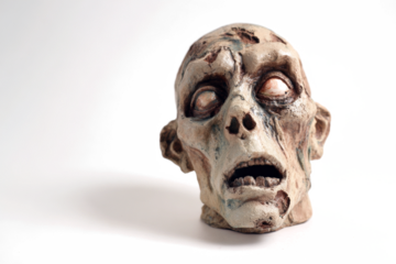 Creepy zombie head sculpture detailed and grotesque isolated on white background for Halloween decorations or horror themes