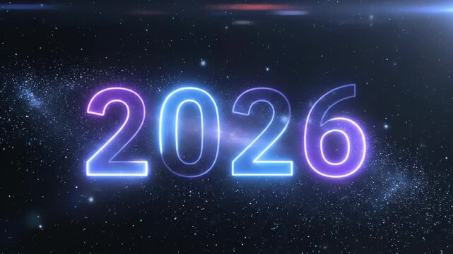 Glowing neon digits of 2026 against a dark starry galaxy backdrop. Represents the upcoming year with bright, illuminated numbers in a modern design.