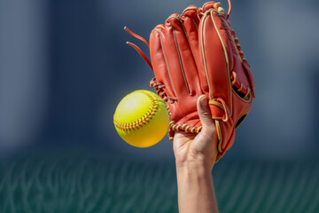 Hand holding red softball glove ready to catch a bright yellow ball during outdoor practice in the afternoon