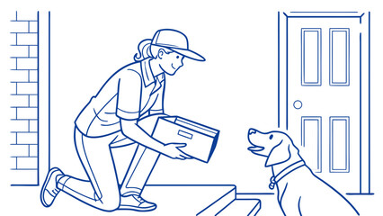 Delivery Person, Dog, Front Door, Illustration, Residential Area, Side View, Friendly Interaction