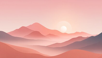 Serene, minimalist vista featuring layers of pastel mountains under a pale orange sun