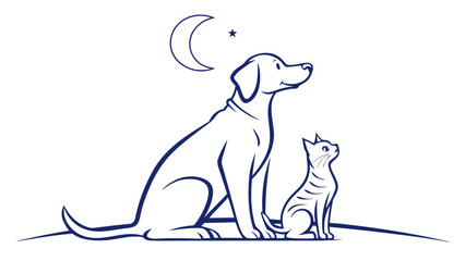 Fototapeta premium Dog and Cat Sitting Under the Moon, Vector Illustration, Night Sky, Cozy Atmosphere
