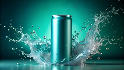 Refreshing turquoise can with water splash on a vibrant background, capturing the essence of a cool and invigorating beverage experience for a hot summer day