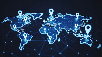 World Map with Location Pointers and Digital Network Connection