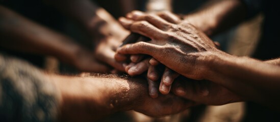 Close-up shot of many hands stacked together, emphasizing teamwork and connection;  warm, natural tones
