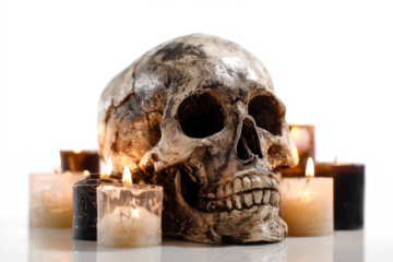 Skull surrounded by lit candles a spooky and gothic still life perfect for Halloween or dark themes