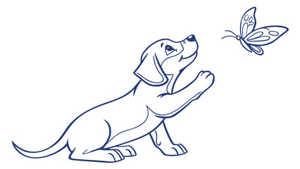 Obraz premium Playful Puppy Chasing Butterfly in Blue Line Vector Illustration