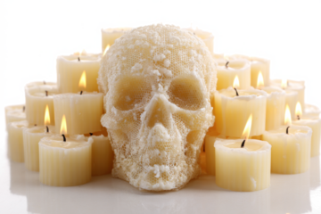 Skull candle surrounded by tea light candles spooky and decorative perfect for Halloween or gothic themes