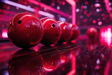 A row of red spheres with finger holes, reflecting on a glossy surface, neon lights in background