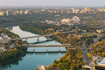 Aerial sunrise view of bridges and river valley in Edmonton, Alberta © Thomas