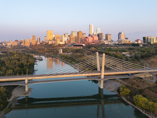Aerial sunrise view of Tawatina Bridge and Edmonton skyline, Alberta