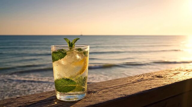 Refreshing cocktail drink by the ocean at sunset