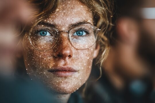Young woman with glowing digital network overlay looks upward with hopeful gaze