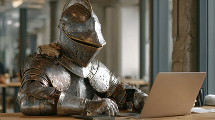 A medieval knight in full plate armor working on a laptop in a modern office space