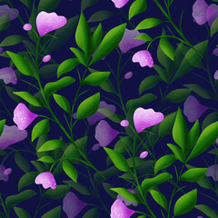 Beautiful pink flowers and green branches with leaves, seamless floral botanical pattern. Digital watercolor hand drawn. For fabric, textiles, wrappers, covers, women, girls, accessories, gifts