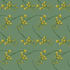 Beautiful olive and green berries with splashes on a branch seamless floral botanical pattern. Digital watercolor hand drawn. For fabric, textiles, wrappers, covers, women, girls, accessories, gifts