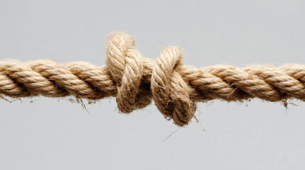 Rope with a knot: Tightly knotted natural rope against a neutral background. A strong, dependable link and bond for holding things together.