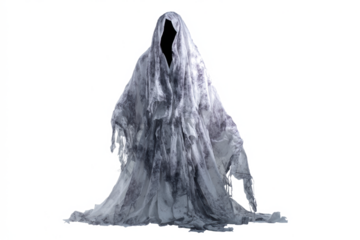 Spooky ghost figure draped in fabric isolated on white background perfect for Halloween concepts and eerie designs