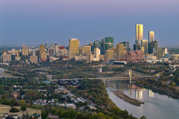 Fototapeta premium Aerial sunrise view of Tawatina Bridge and Edmonton skyline, Alberta