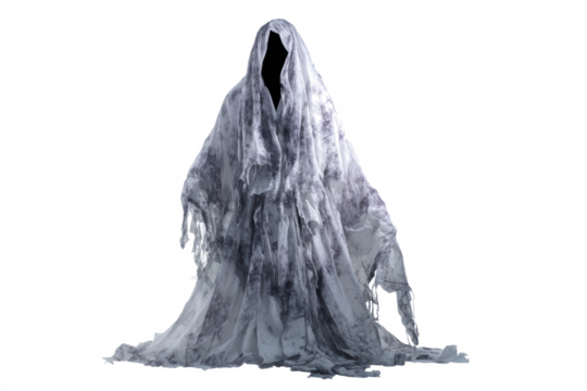 Spooky ghost figure draped in fabric isolated on white background perfect for Halloween concepts and eerie designs