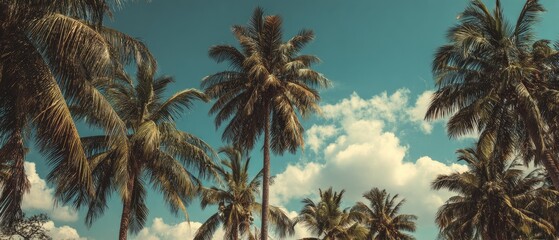 A scenic vista of tall palm trees with lush fronds against a backdrop of a light blue sky