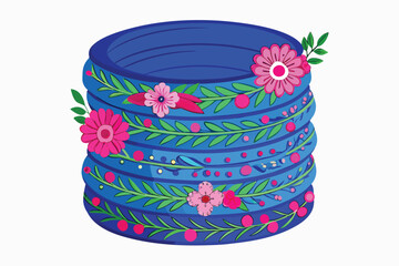 Blue stack of bangles adorned with pink flowers and green foliage on white background bracelets