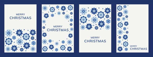 Blue Christmas card set with snowflake ornaments and text. Elegant blue snowflake Christmas greeting cards minimalist style