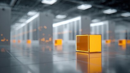 Abstract depiction of a modern data center, with glowing gold cube on reflective floor