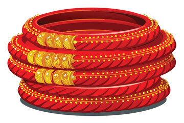Stack of vibrant red bangles with gold bead accents and textured patterns on a white background