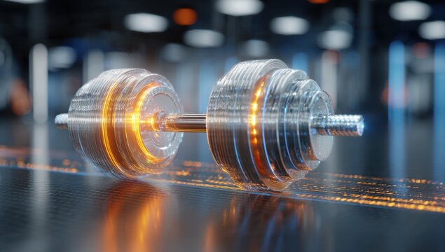 A glowing, futuristic dumbbell in a sleek gym setting, with orange and blue light accents