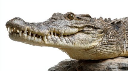 Close-Up of Alligator Head: Showcasing Teeth and Mouth on Rocky Surface with White Background