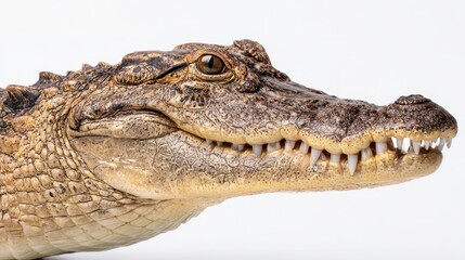 Obraz premium Intimate View of Alligator Head Showcasing Teeth Resting on Rock Against a White Background