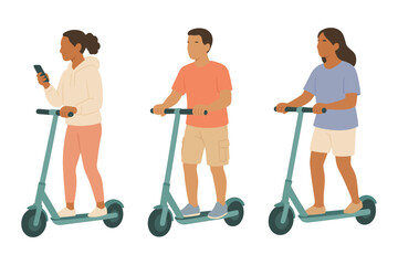 People riding teal electric scooters, modern city transport concept