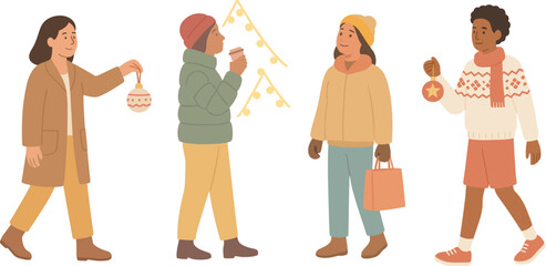 People preparing for Christmas, holiday decorations and winter activities