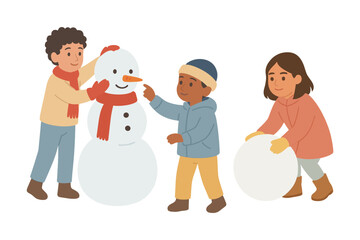 Children building a snowman, winter fun and outdoor activities