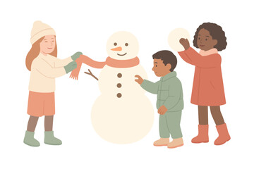 Children decorating a snowman, winter play and holiday spirit