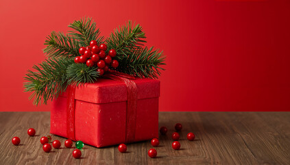 red gift box with a lush green pine branch draped over it, decorated with colorful candy and clusters of mistletoe berries. Christmas and New Year background