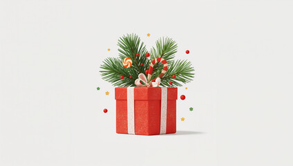 Red gift box, green pine branch, candy and mistletoe berries. Merry Christmas web banner. Horizontal Christmas poster. Christmas and New Year background