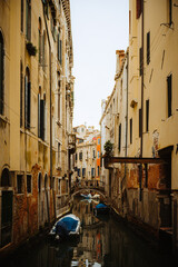 Venice's historic canal reflects aged buildings, creating an idyllic scene. Gondolas rest on the...