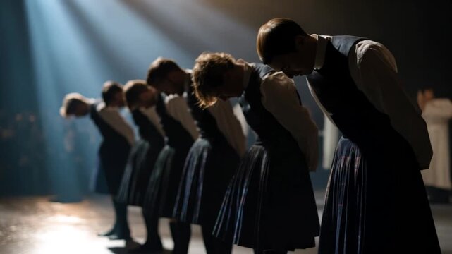 Row of students in uniform bowing on stage, dramatic lighting creates a solemn atmosphere, reminiscent of a theatrical performance or graduation ceremony