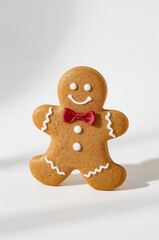 golden brown gingerbread man with a cheerful smile and a vibrant red bow tie on a white background. Christmas and New Year background. Holiday winter Christmas symbols