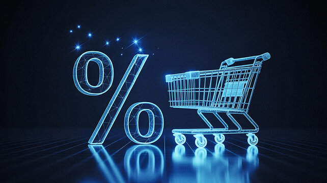 Digital Shopping Cart with Discount Offer Futuristic Illustration