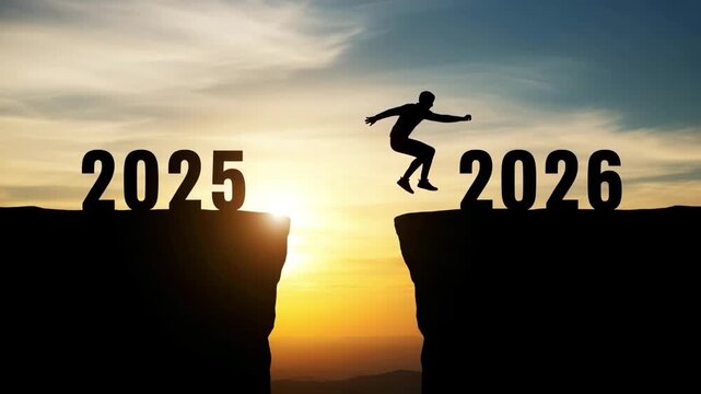 Silhouette of a person jumping across a gap between the years 2025 and 2026 at sunset and animation video 4k
