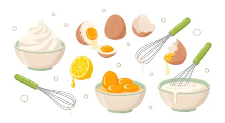 Baking ingredients and tools with eggs, lemon, and cream